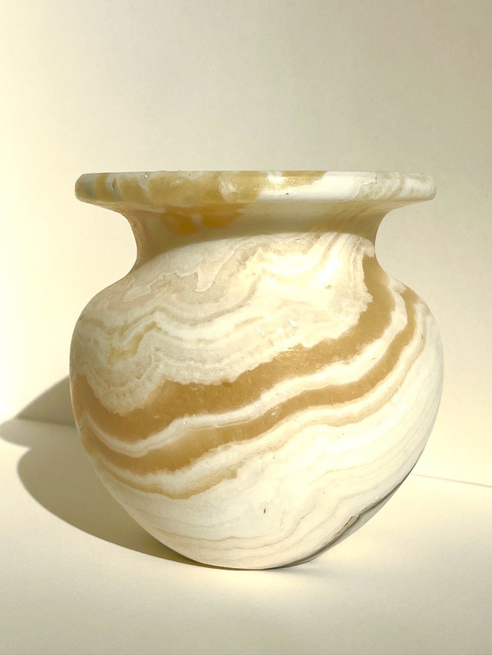 Marbled Egyptian Alabaster Vase Cream, Gold & Grey Veins 4.23 inches High
